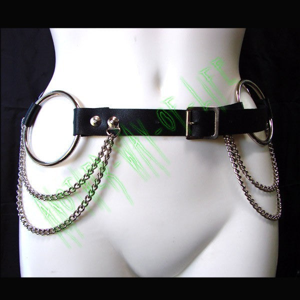 Gothic rock black leather belt with metal rings and chains