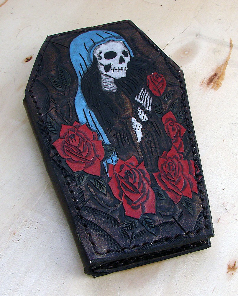Biker style coffin wallet with santa muerte and a spider webAnother Way of Life