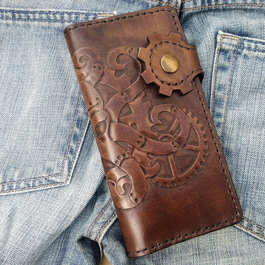 Biker-style wallet with steampunk octopus in brown