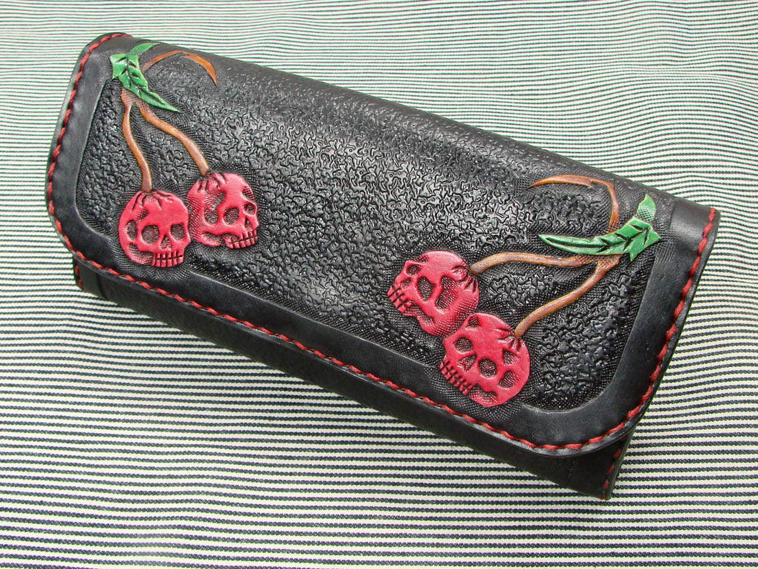 Rockabilly Women's Leather Wallet - Handmade with Cherry Skull