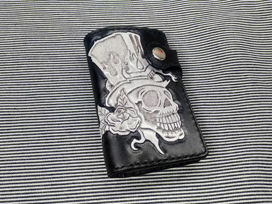 Biker-Style Leather Wallet with Hand-Engraved Skull Design