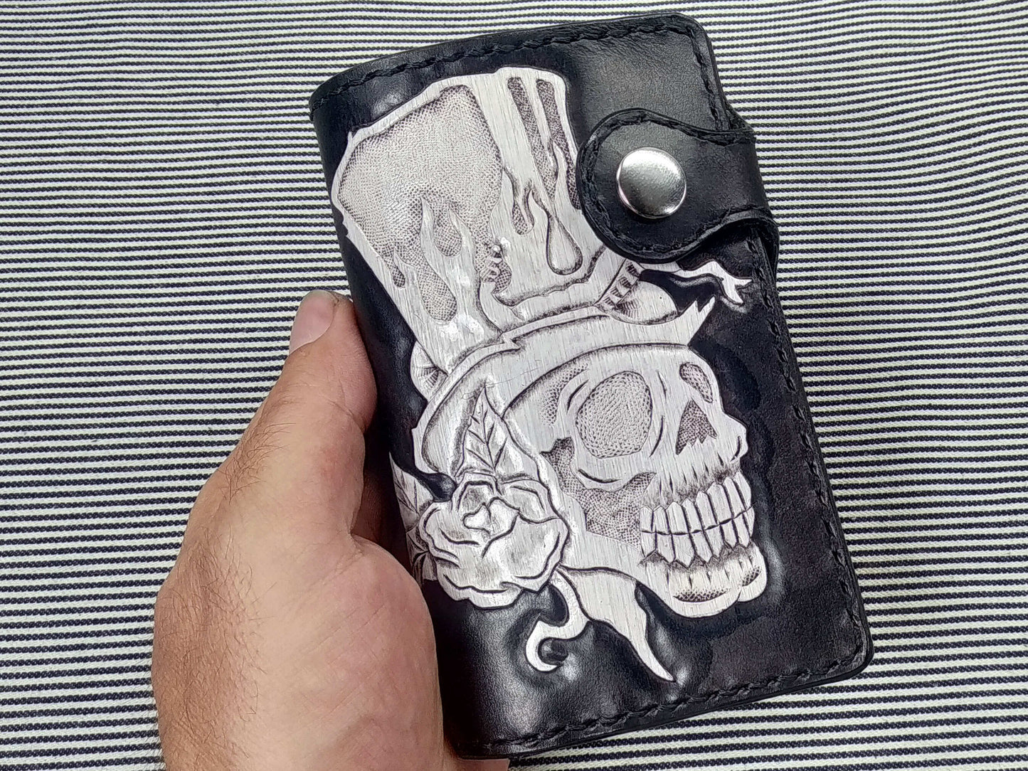 Biker-Style Leather Wallet with Hand-Engraved Skull Design