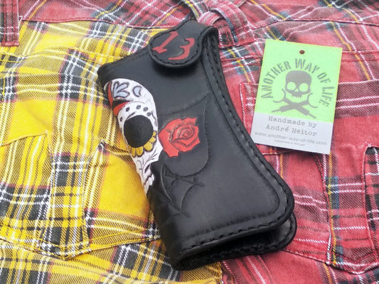 Biker Style Wallet in Vegetable-Tanned Leather - Unique Design with Sugar Skull