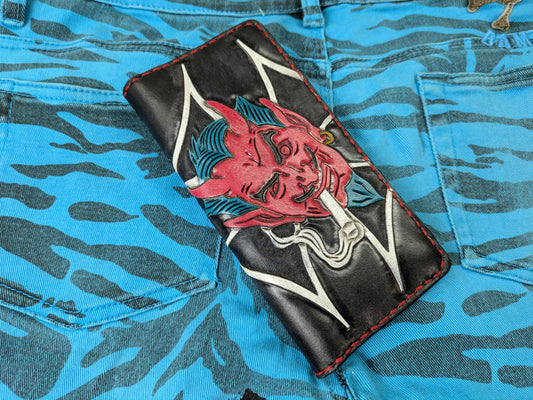 Rugged Men's Leather Black wallet with red devil and iron cross design on a blue zebra background