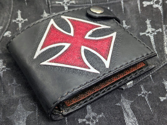 Cartera Bifold de Cuero Hecha a Mano con Iron Cross | Cartera Pequeña para Hombre