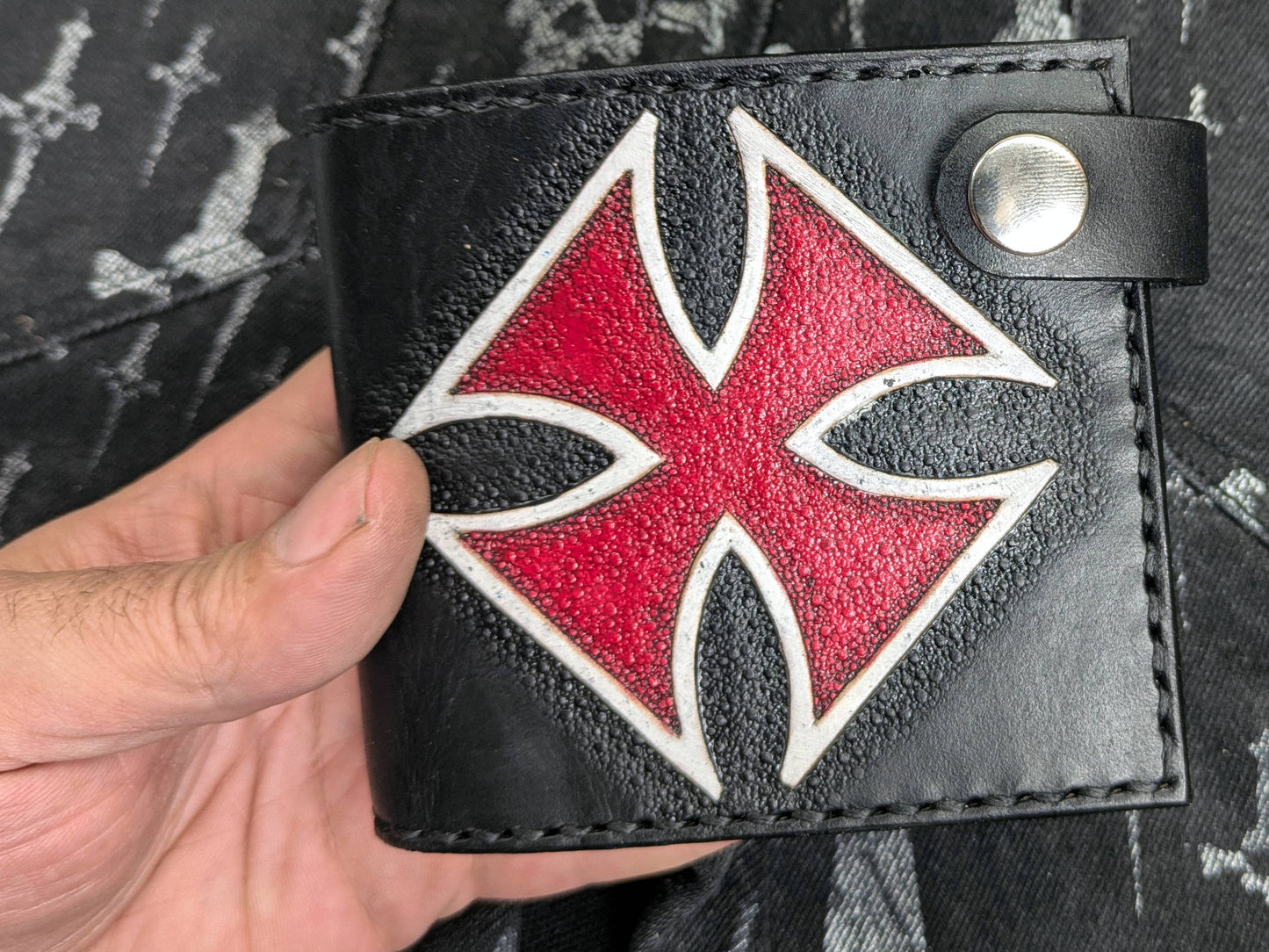 Handmade Leather Bifold Wallet with Iron Cross | Men's Small Slim Wallet