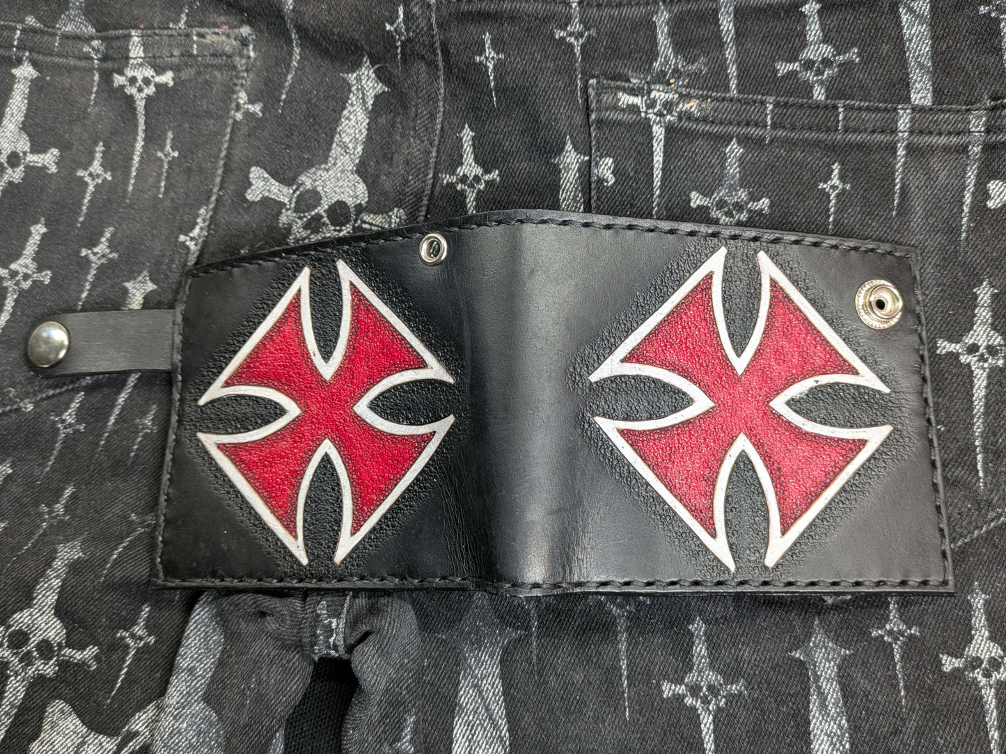 Handmade Leather Bifold Wallet with Iron Cross | Men's Small Slim Wallet