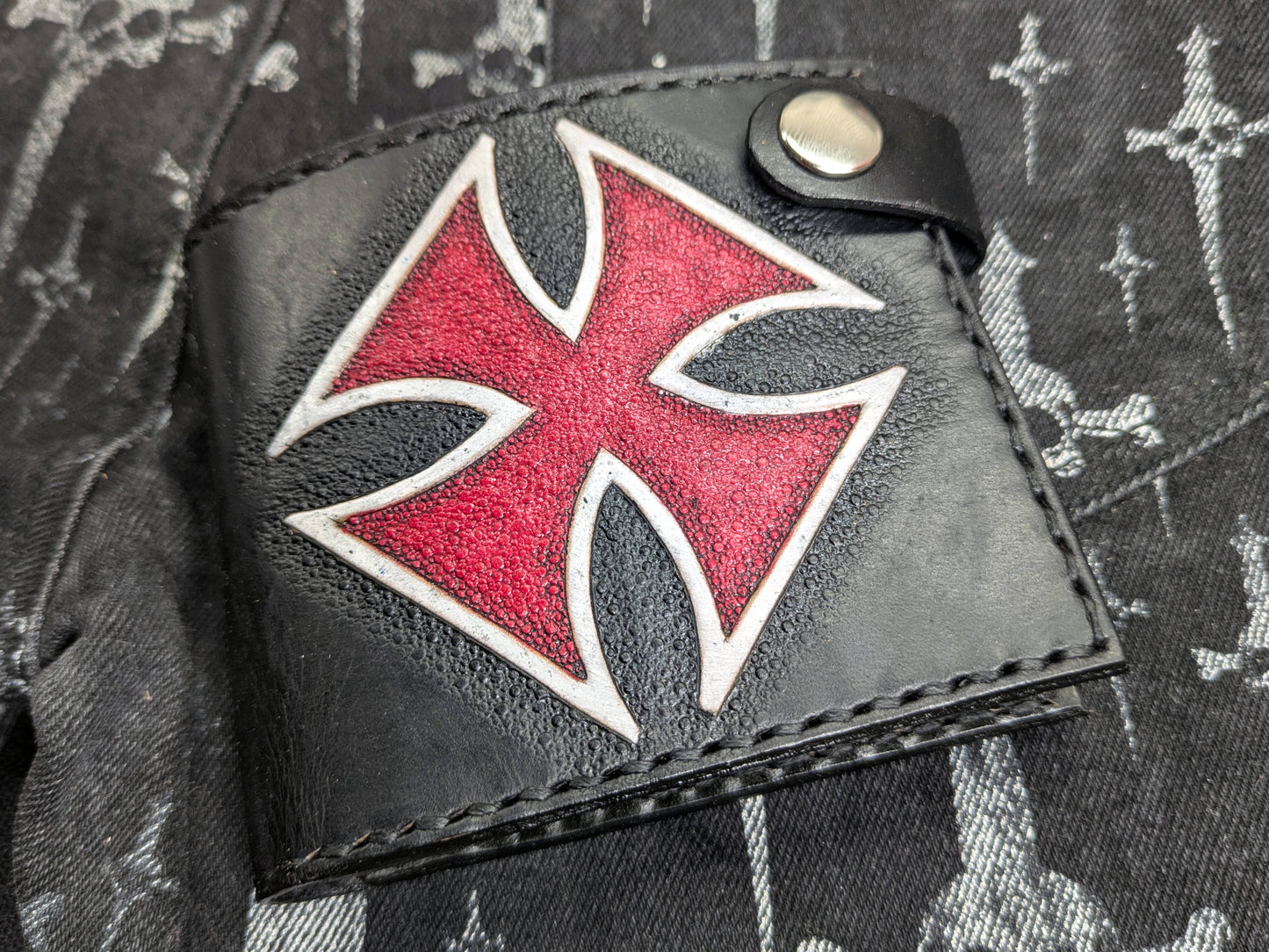 Handmade Leather Bifold Wallet with Iron Cross | Men's Small Slim Wallet