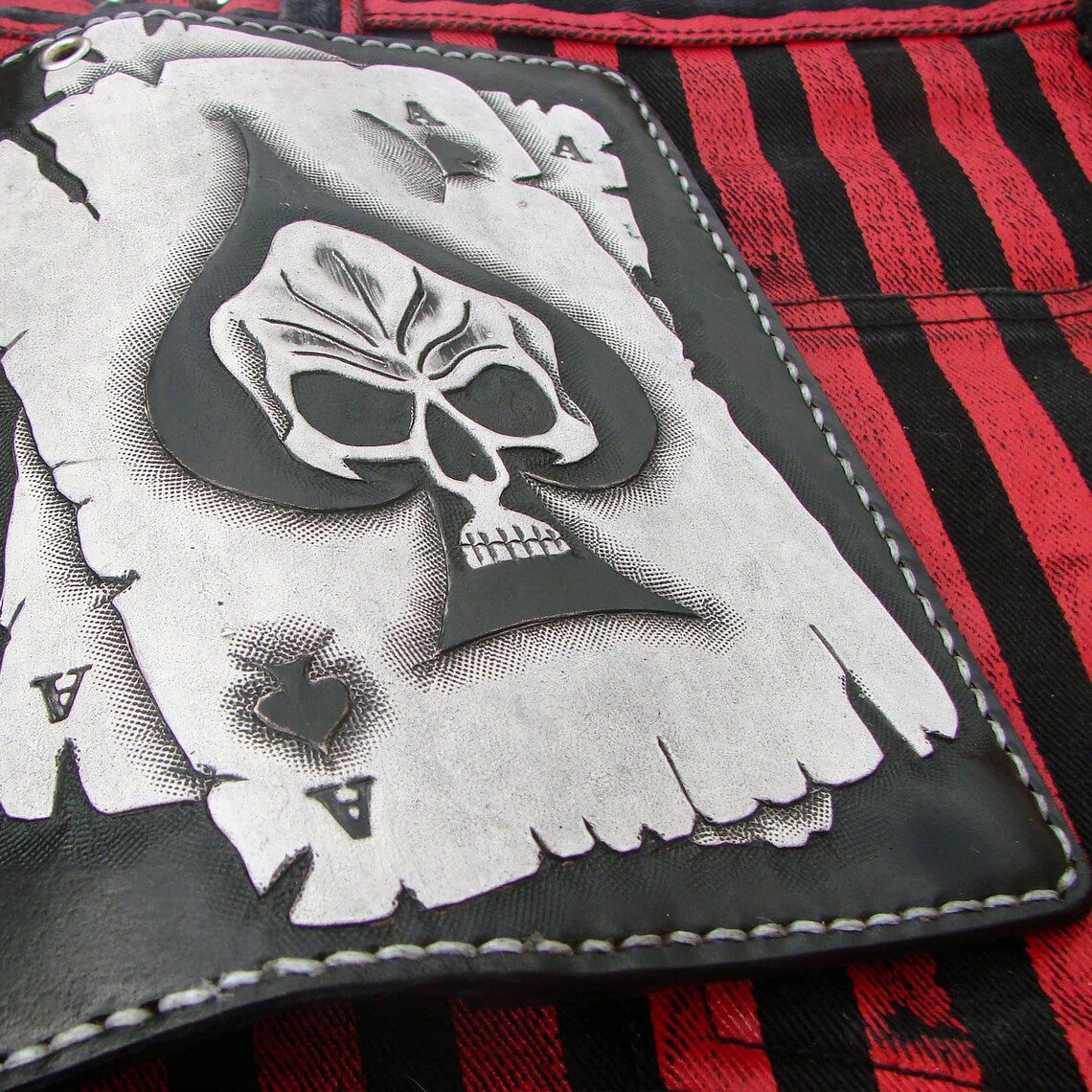 Premium Leather Biker Wallet with Hand-Engraved Skull Ace of Spades Design