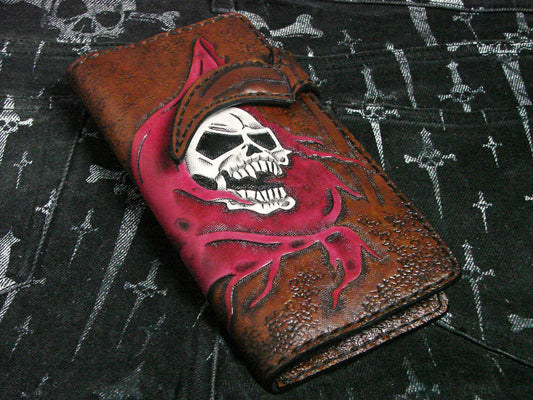 Grim Reaper wielding a scythe Men's Leather Wallet Long Biker Style Hand Engraved