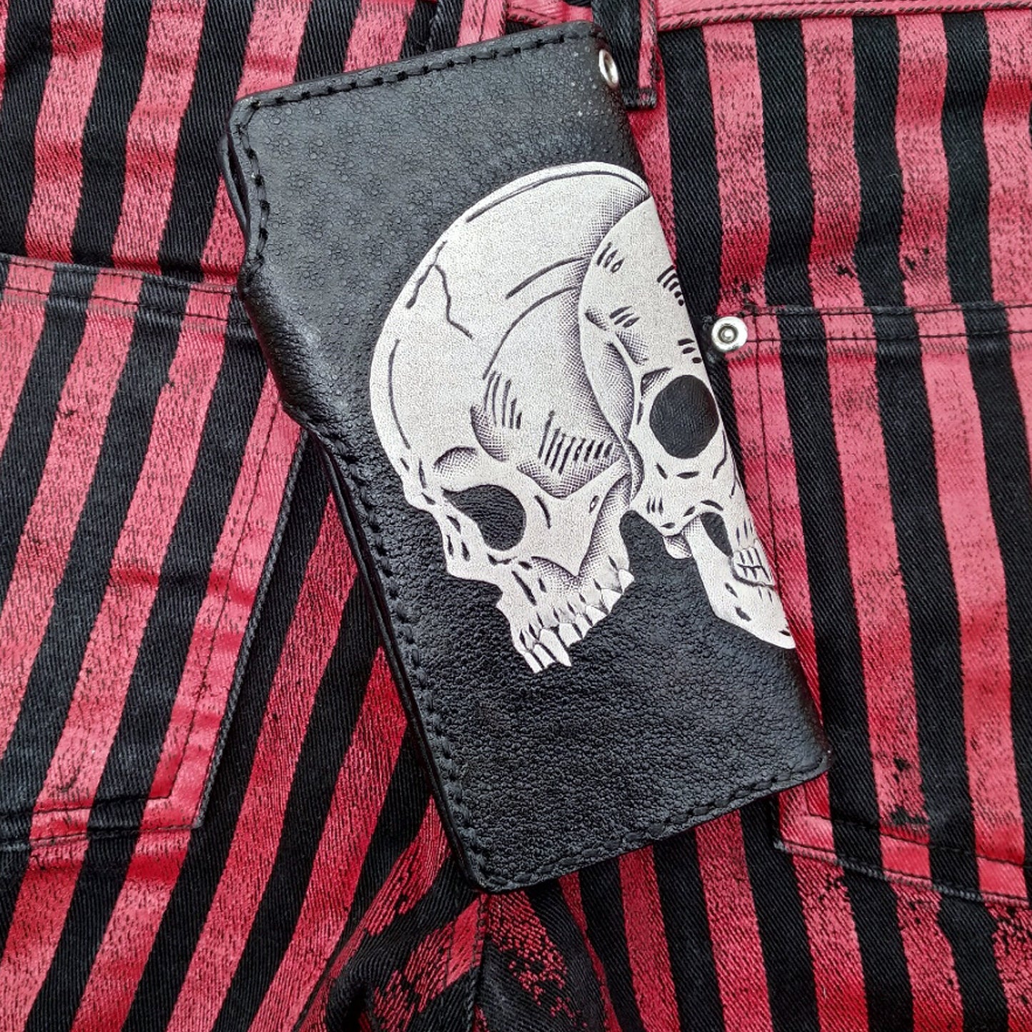 Handmade biker style mens leather wallet 3 goth skull