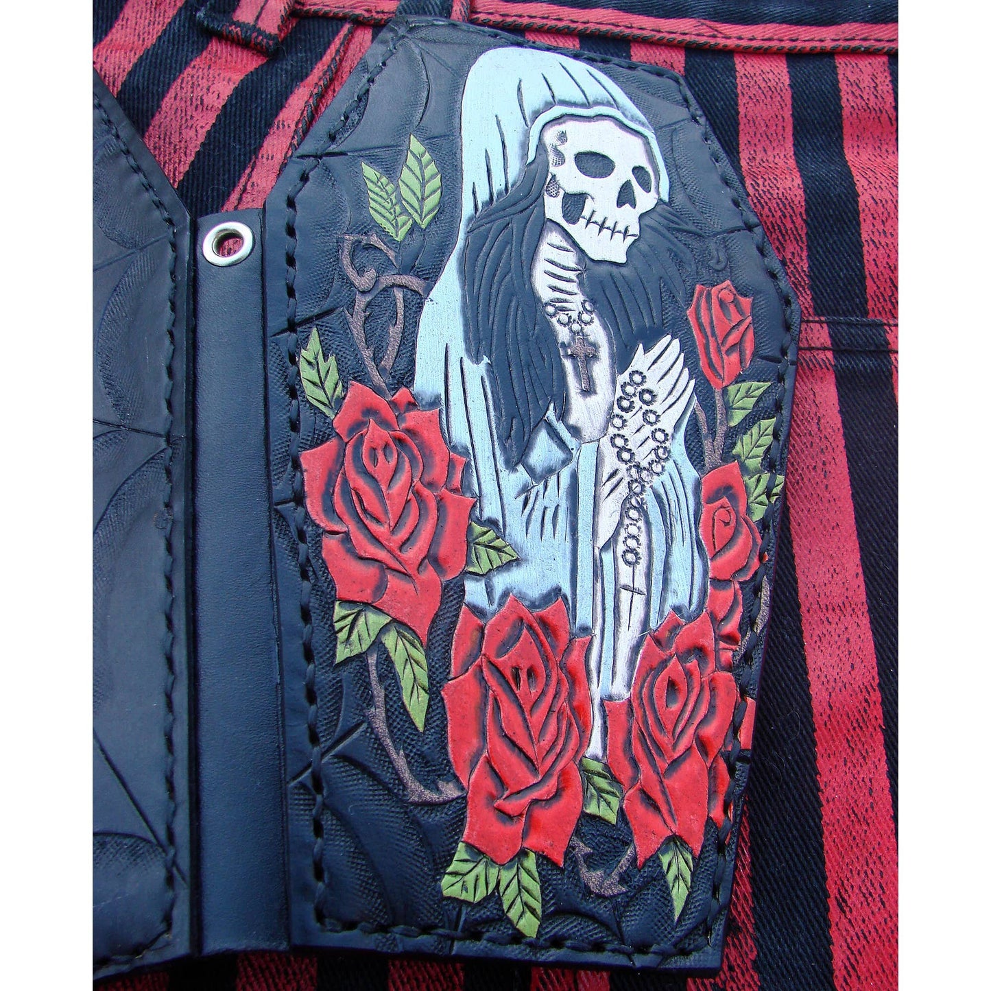 Biker style coffin wallet with santa muerte and a spider web