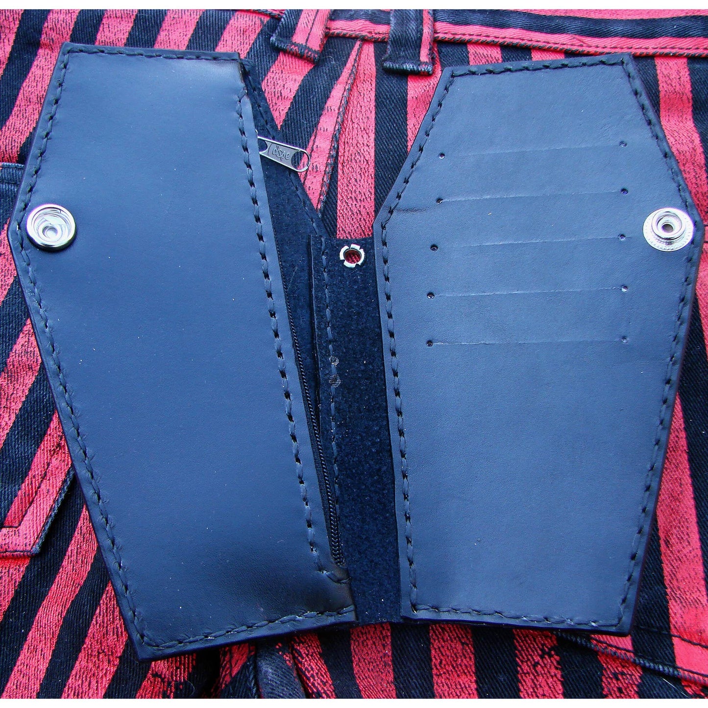 Biker style coffin wallet with santa muerte and a spider web