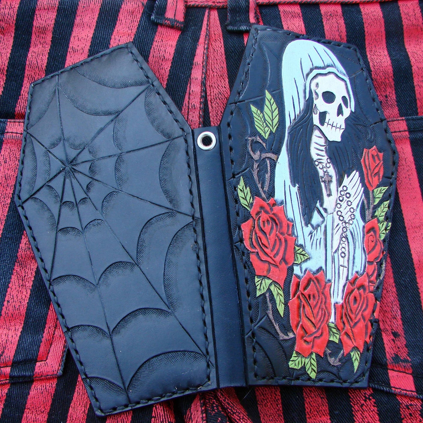 Biker style coffin wallet with santa muerte and a spider web