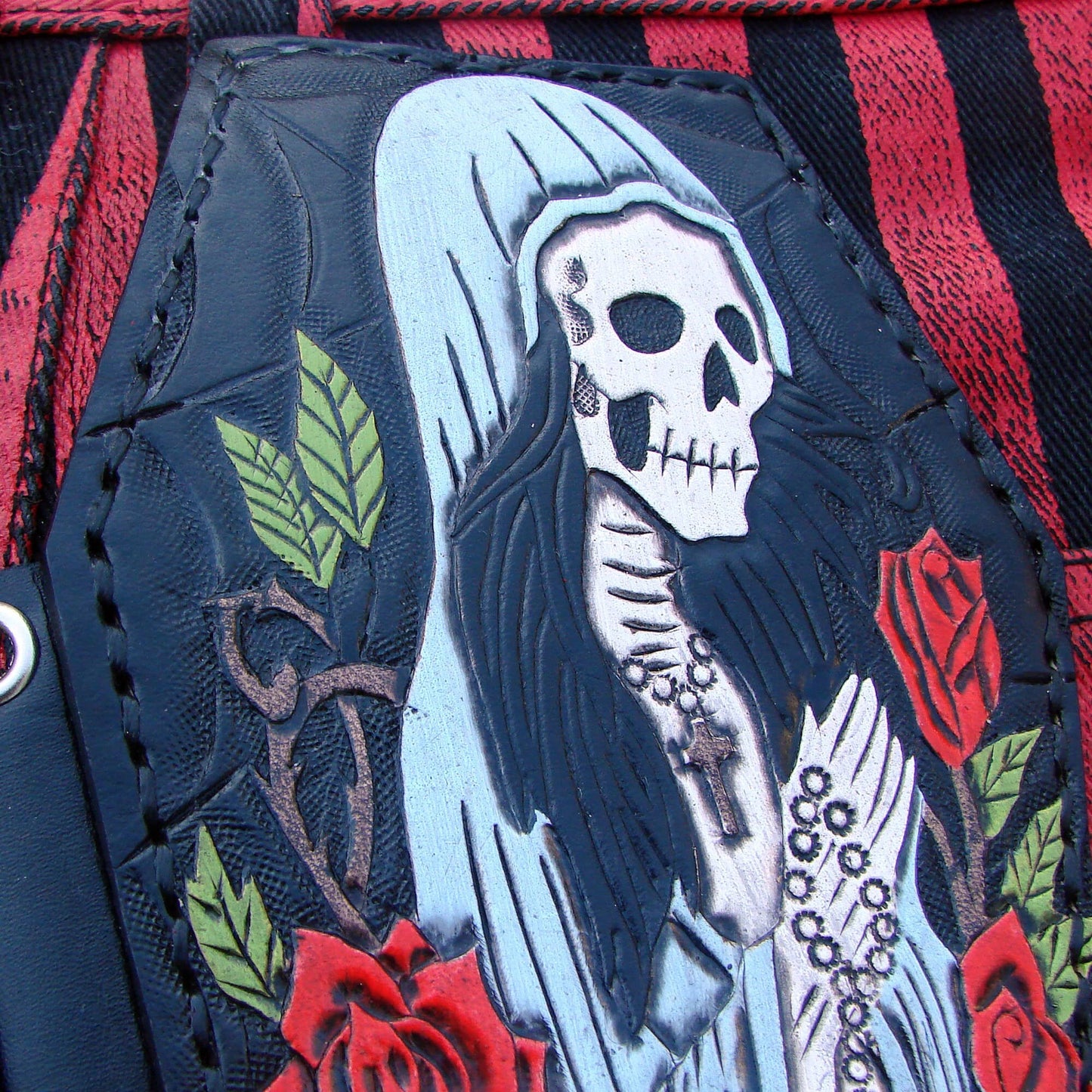 Biker style coffin wallet with santa muerte and a spider web