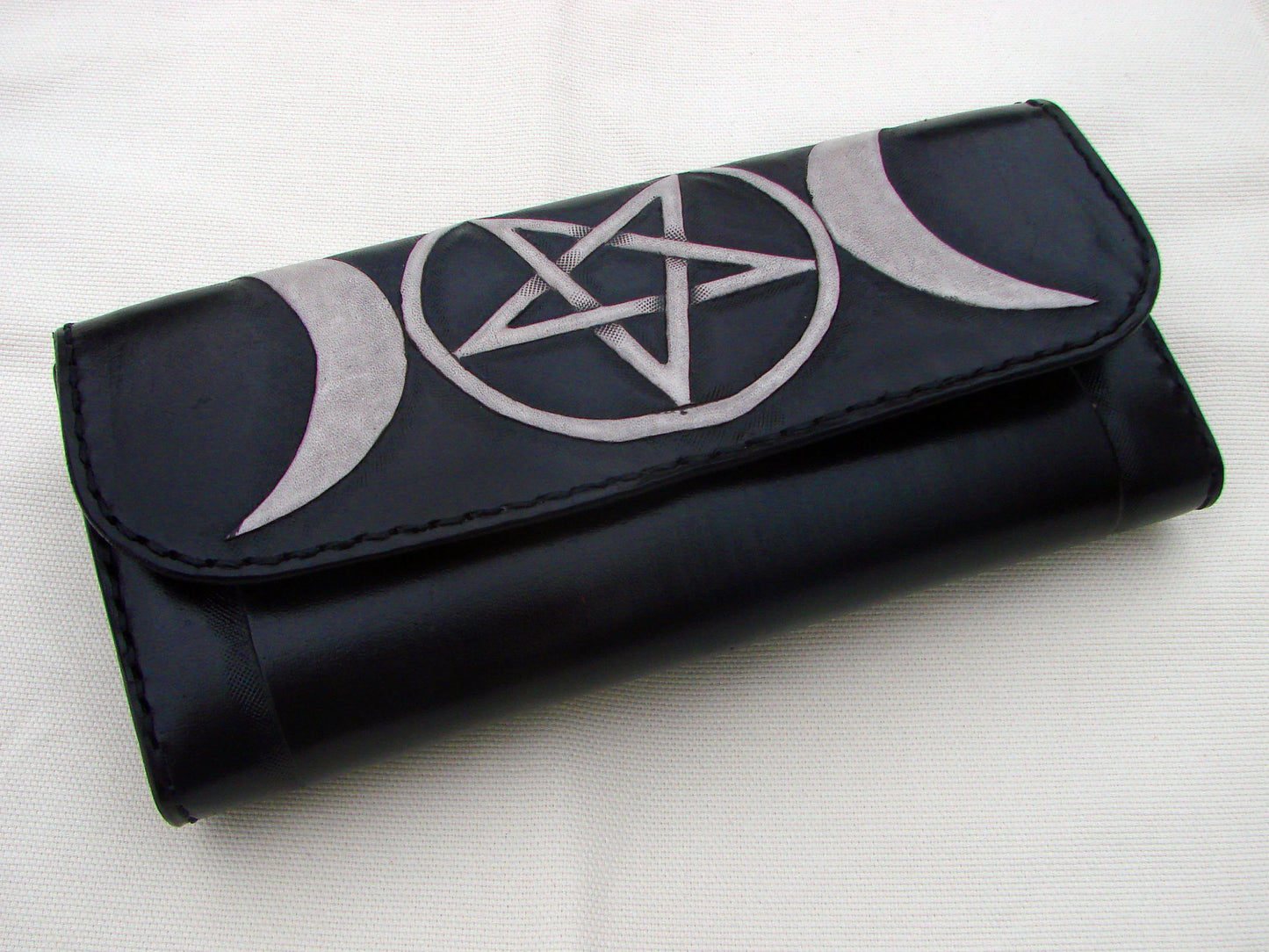 Women leather wallet hand carved with Triple Moon and inverted petagram