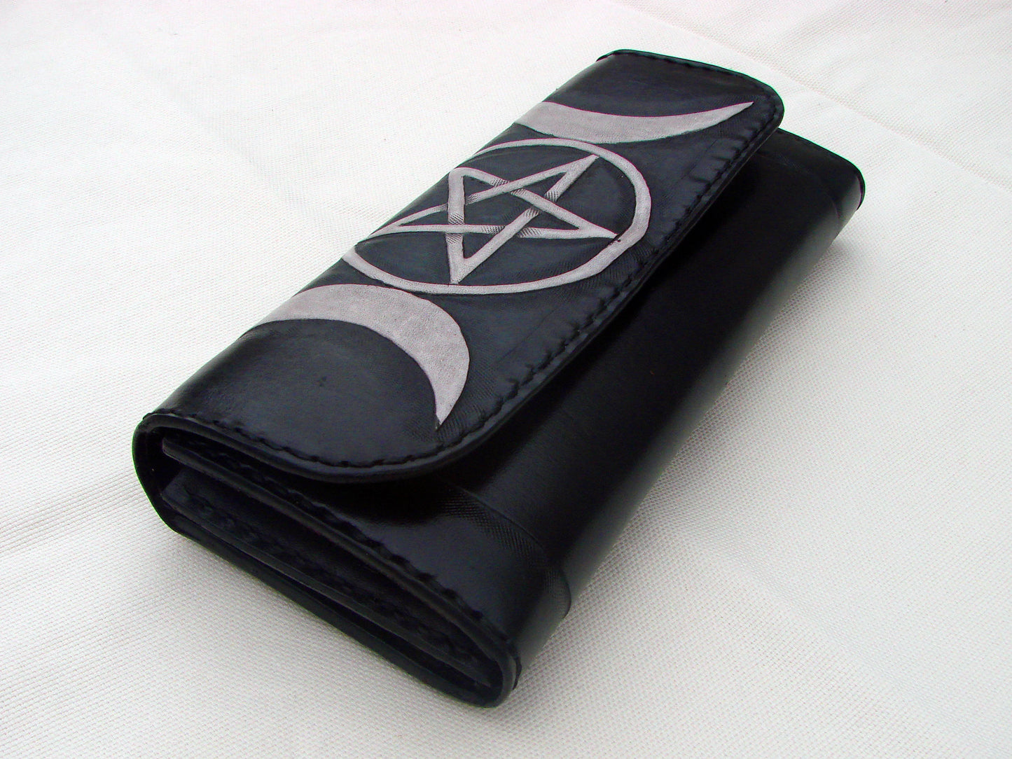 Women leather wallet hand carved with Triple Moon and inverted petagram