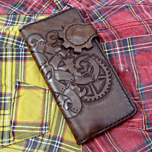 Men's Leather Wallet Long Biker Style Hand Engraved Octopus Steampunk