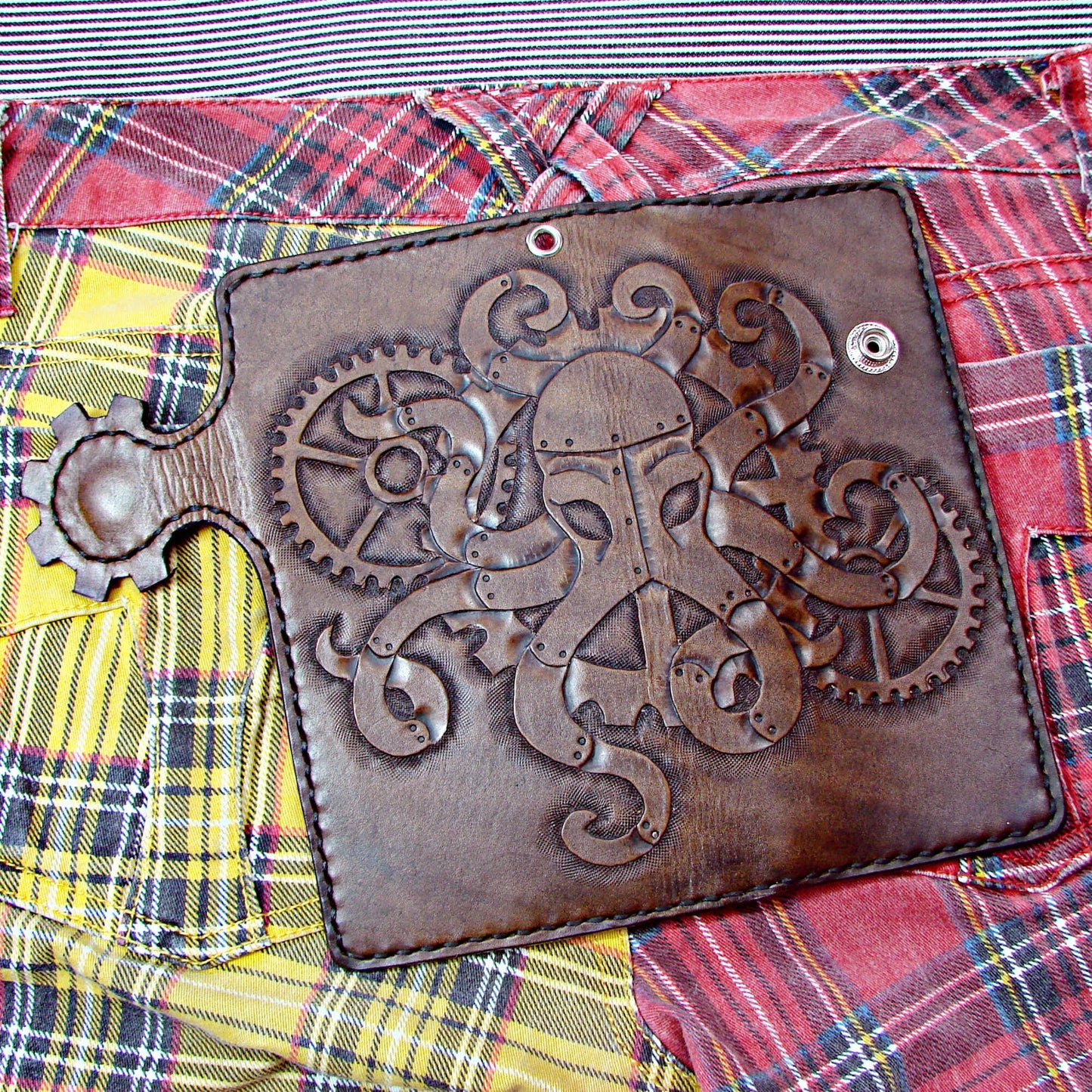 Men's Leather Wallet Long Biker Style Hand Engraved Octopus Steampunk