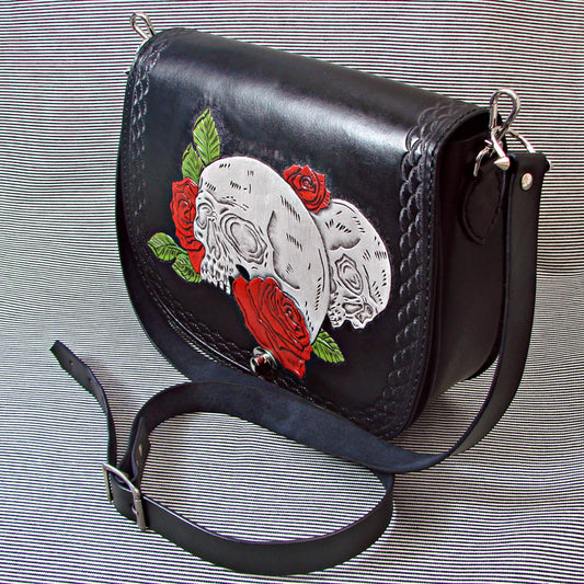 Handmade Tooled Leather Women's Shoulder Bag with Skulls and Red Roses