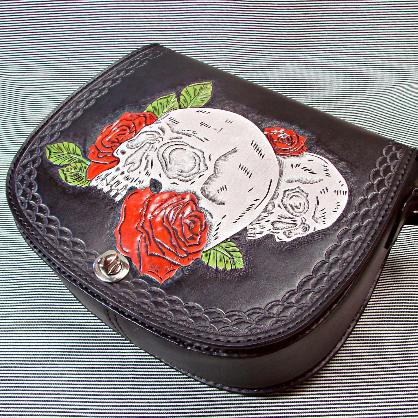 Handmade Tooled Leather Handbag Shoulder Bag with Skulls and Red Roses