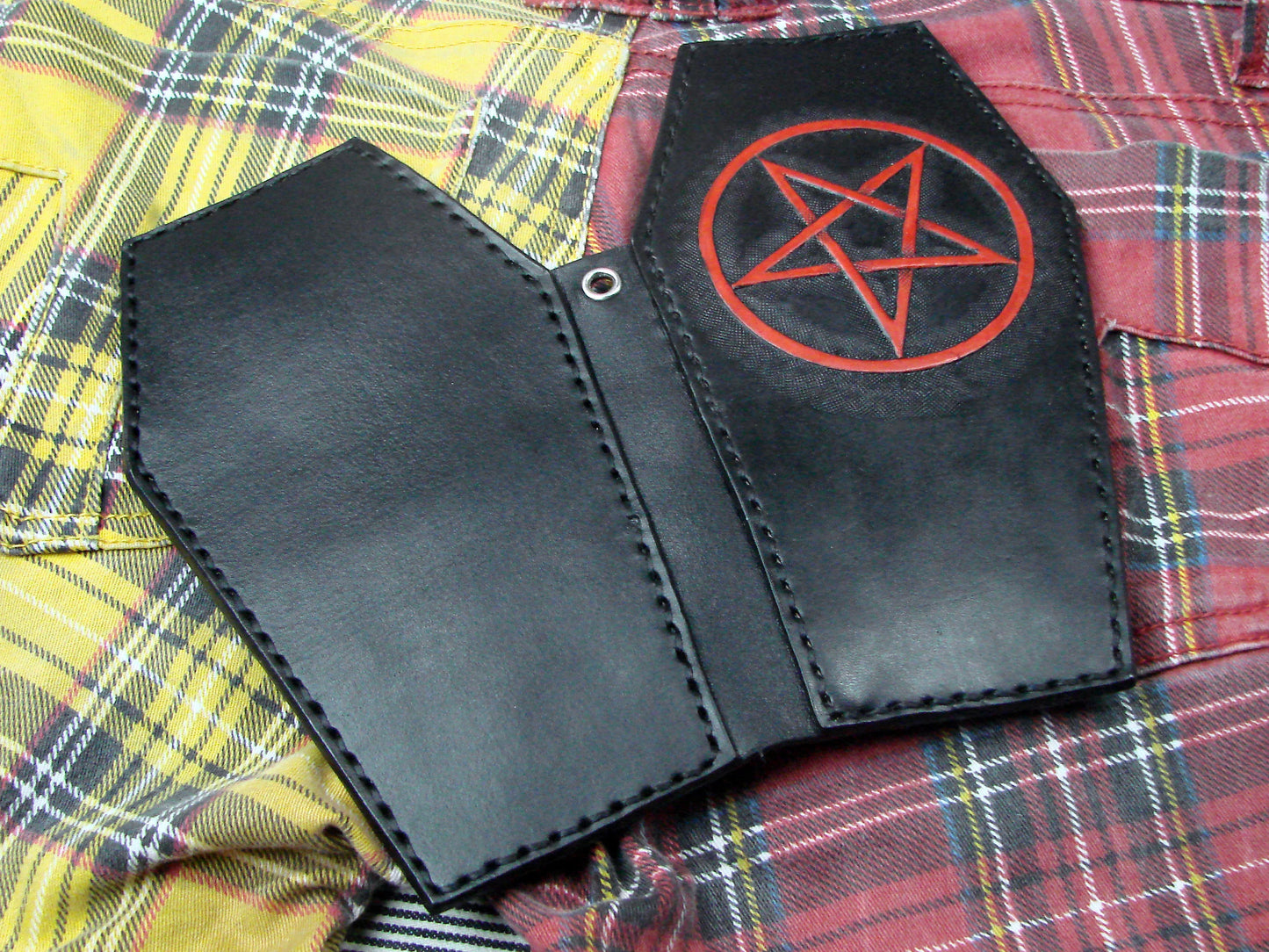 Biker-style pentagram coffin wallet in vegetable tanned leather