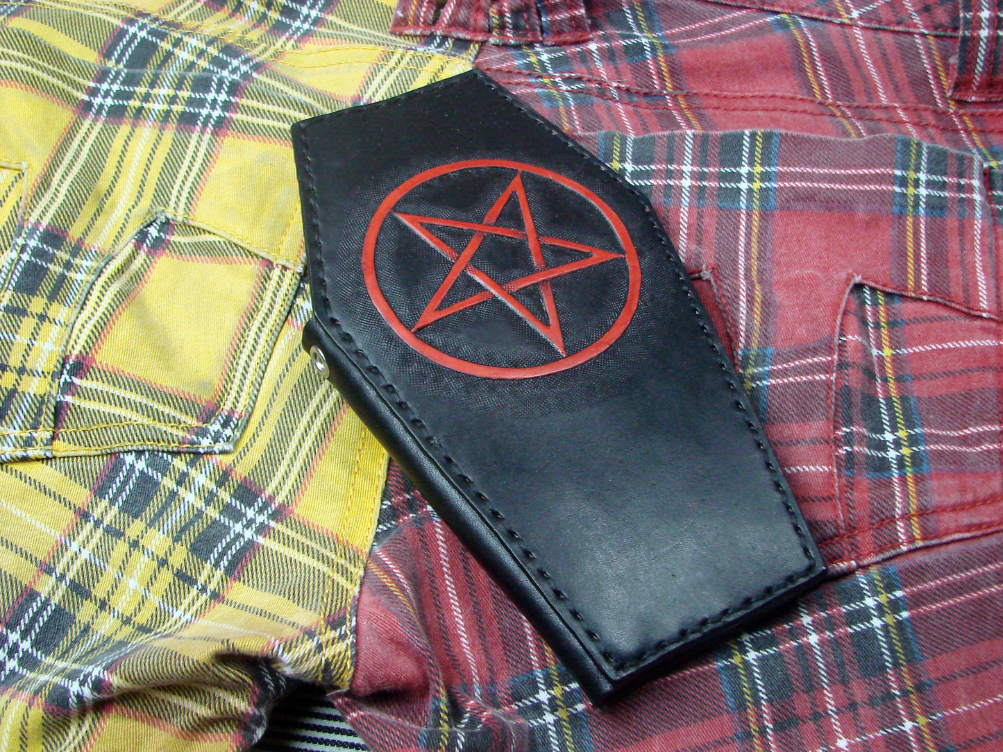 Biker-style pentagram coffin wallet in vegetable tanned leather