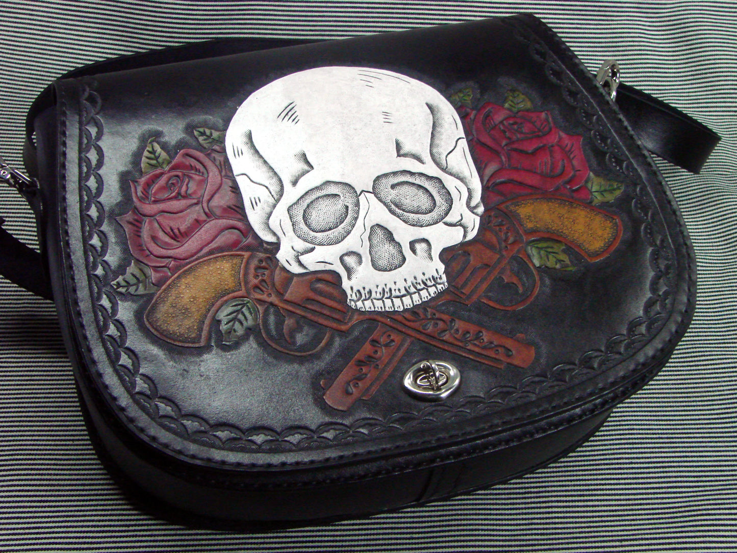 Handmade Tooled Leather Handbag Shoulder Bag with Skulls, pistols and Red Roses