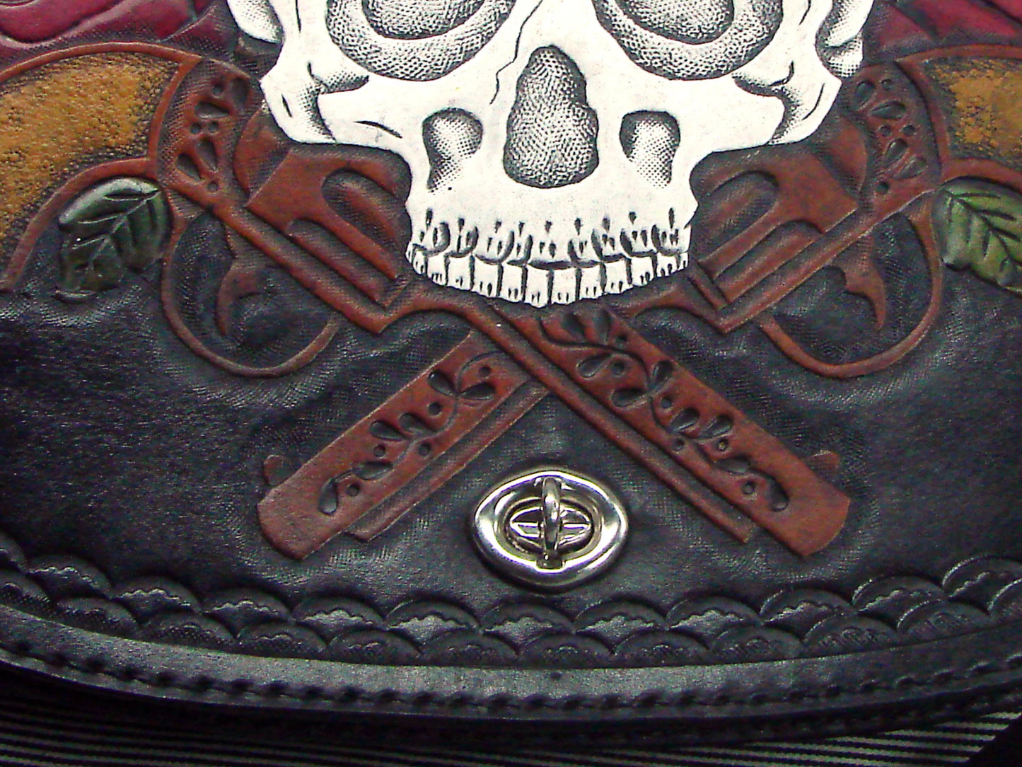 Handmade Tooled Leather Handbag Shoulder Bag with Skulls, pistols and Red Roses