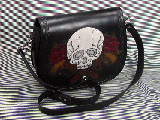 Handmade Tooled Leather Shoulder Bag – Skulls, Pistols & Red Roses Design