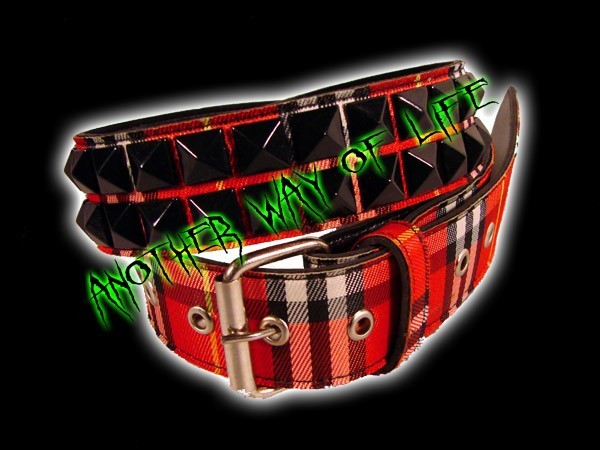 Punk belt in leather with red tartan fabric and Black Spikes Another Way of Life