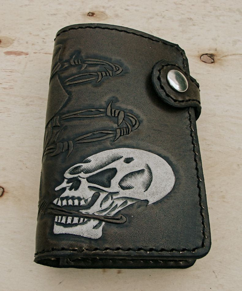 Bifold cow leather wallet biker style with white skull by Another Way of LifeAnother Way of Life