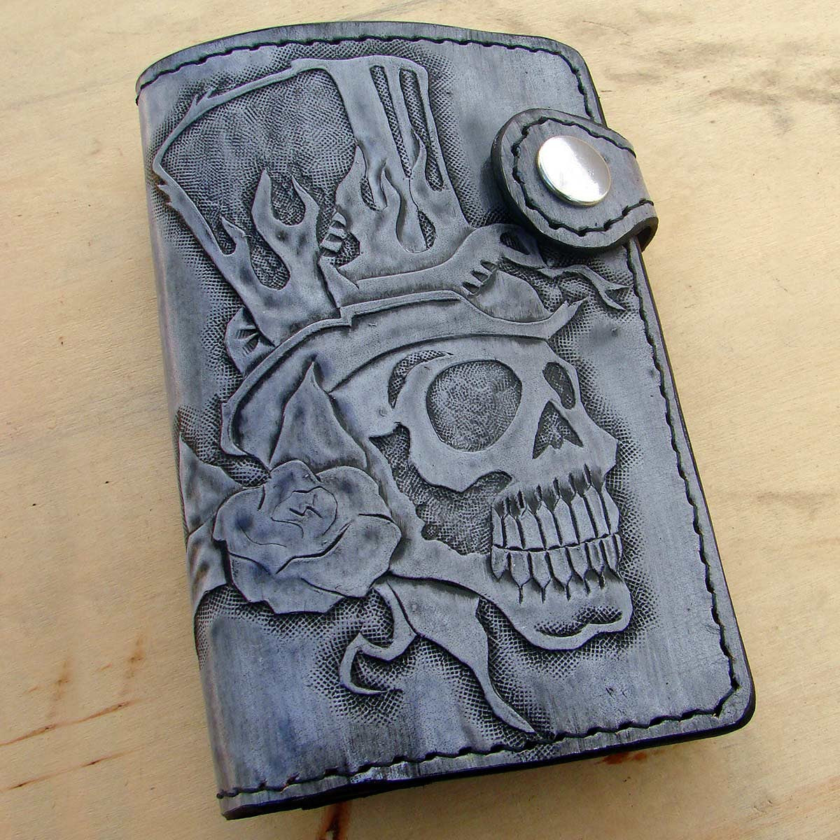 Bifold cow leather wallet biker style white  with skull by Another Way of LifeAnother Way of Life