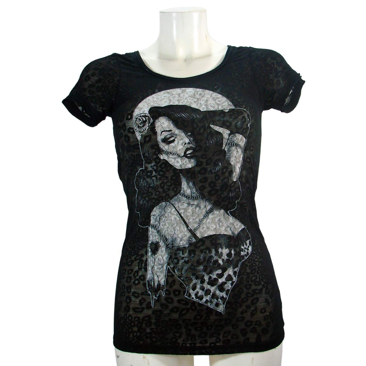 Women's T-shirt Top Moonshine Leopard Burnout Black
