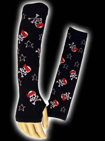 Fingerless knitted wool gloves black with skulls and stars - Another Way of Life