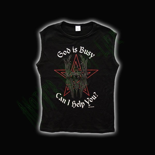 Men's Black T-Shirt Muscle Vest Baphomet God Is Busy Another Way of Life
