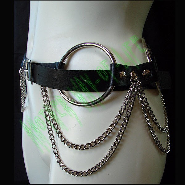 Gothic rock black leather belt with metal rings and chains By Another Way of LifeAnother Way of Life