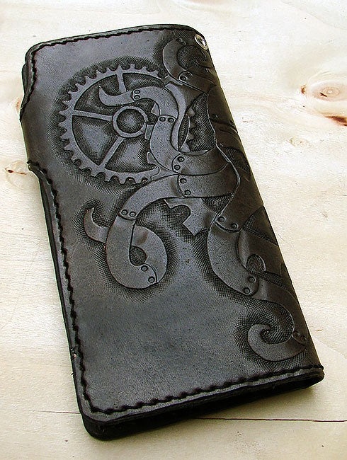 Cow leather wallet style biker with octopus steampunk blackAnother Way of Life