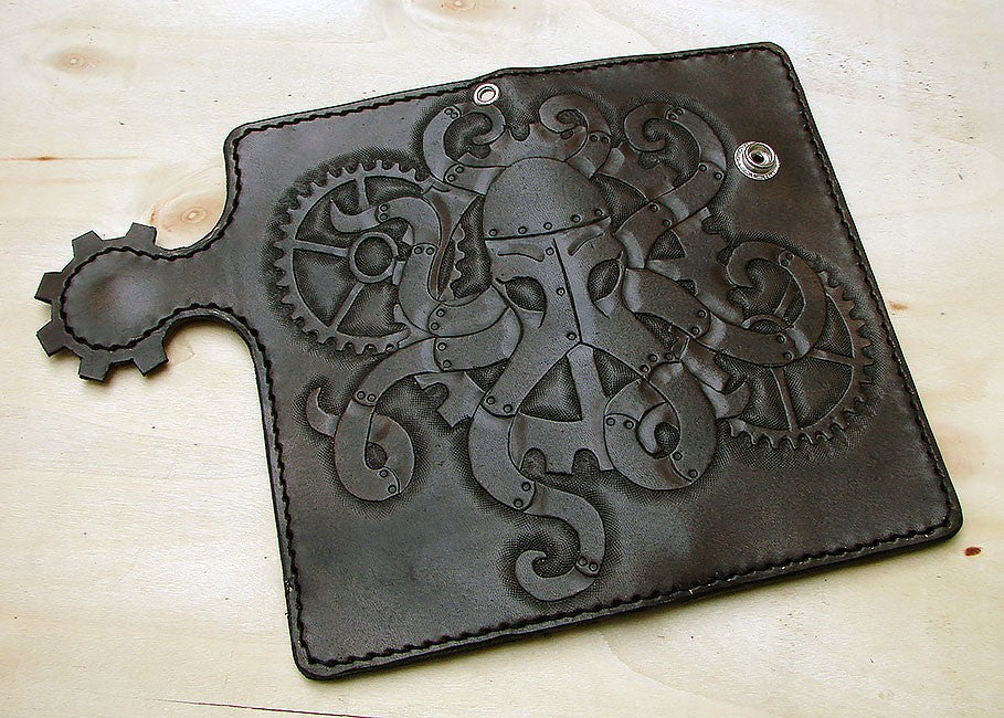 Cow leather wallet style biker with octopus steampunk blackAnother Way of Life