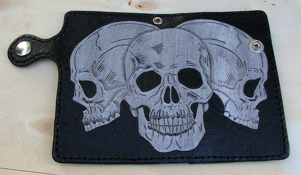 Bifold cow leather wallet biker style with 3 skullsAnother Way of Life