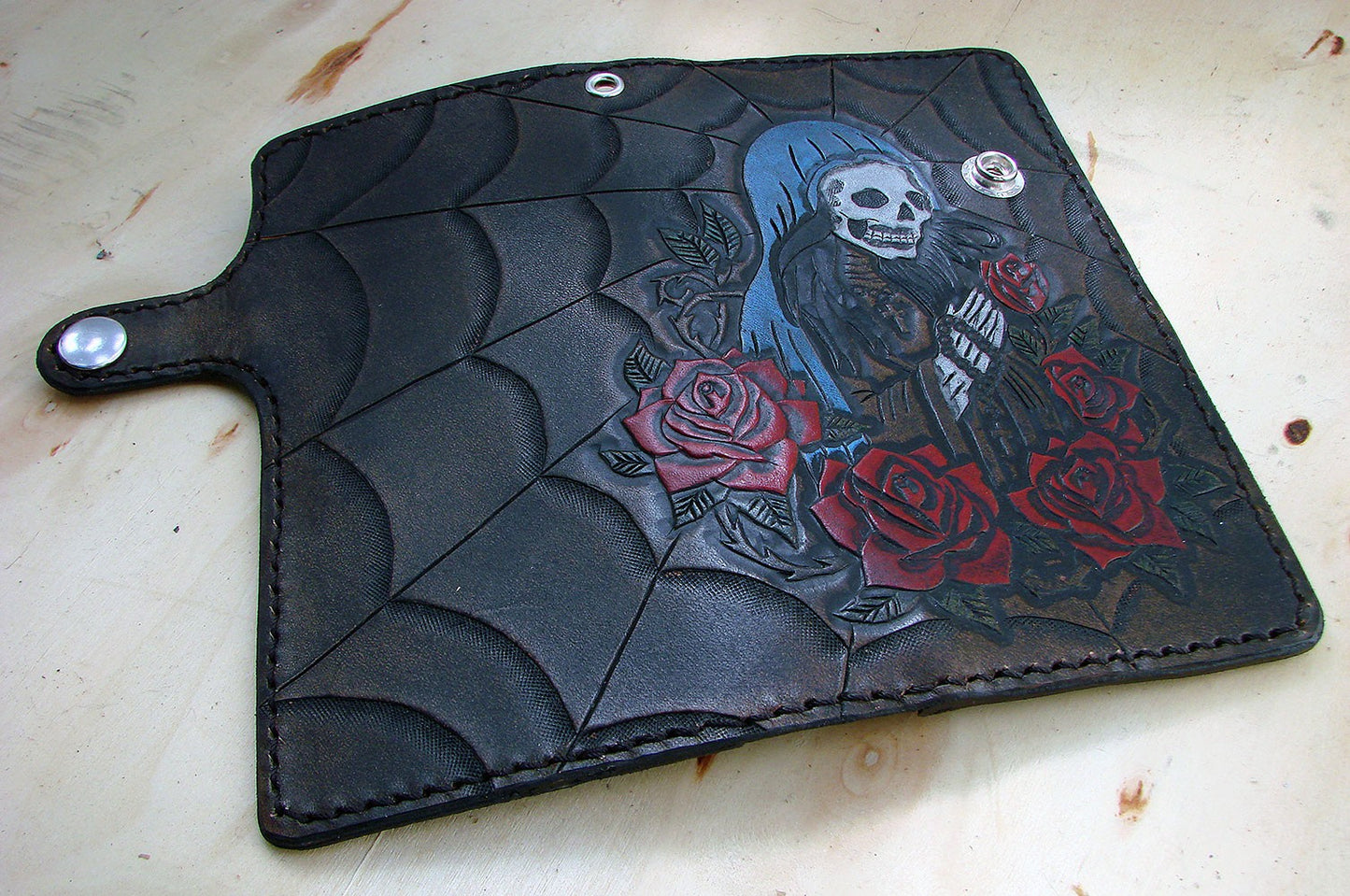 Cow leather wallet style biker with santa muerte and a spider webAnother Way of Life