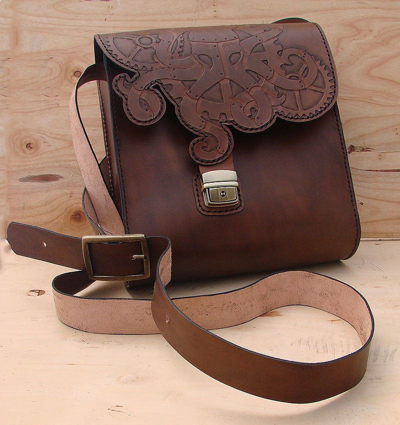 Messenger bag in cow leather with steampunk octopusAnother Way of Life