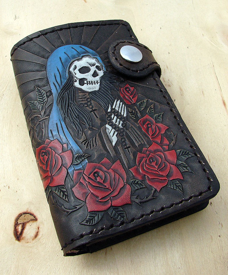 Bifold cow leather wallet biker style with Santa MuerteAnother Way of Life
