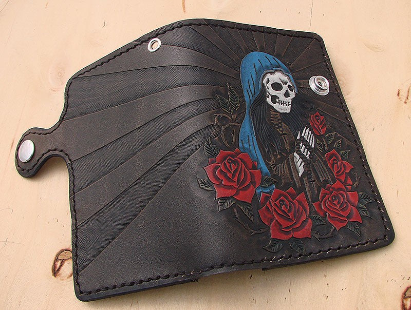 Bifold cow leather wallet biker style with Santa MuerteAnother Way of Life
