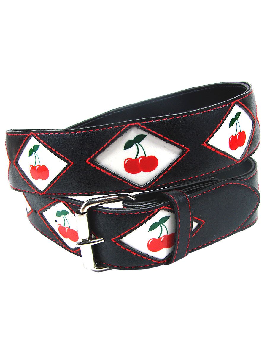 Woman's black leather belt with cherries sewn in red Another Way of Life
