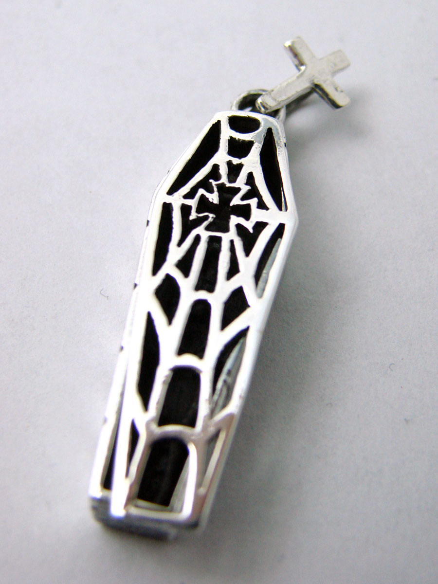 Coffin pendant in sterling silver with spider web cover