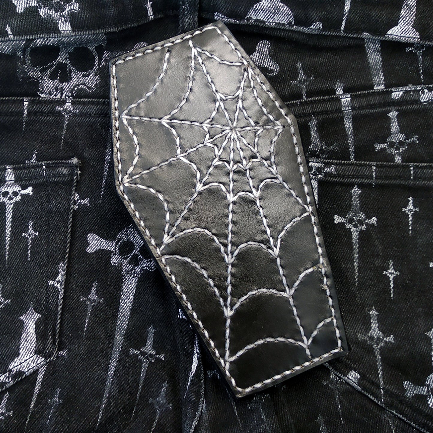 Cow leather wallet style biker coffin spider web by Another Way of Life