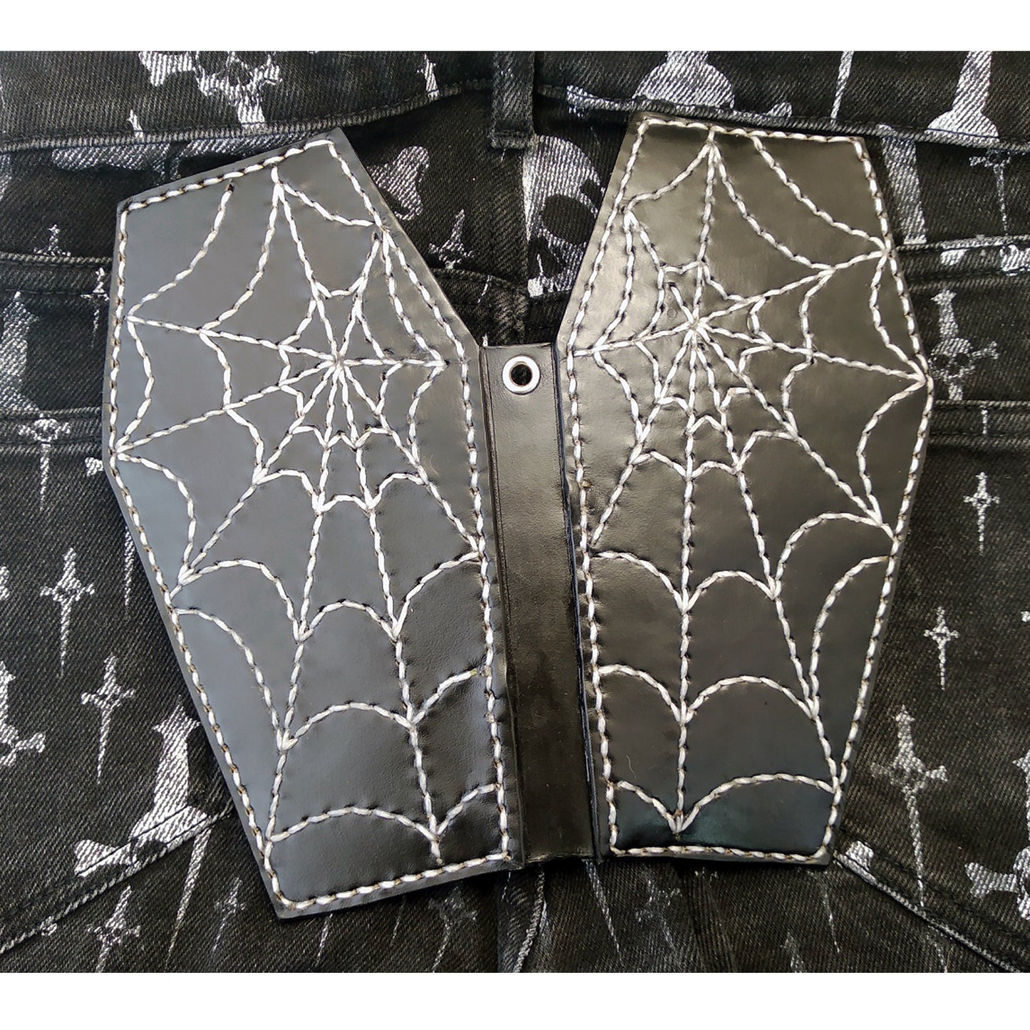 Cow leather wallet style biker coffin spider web by Another Way of Life
