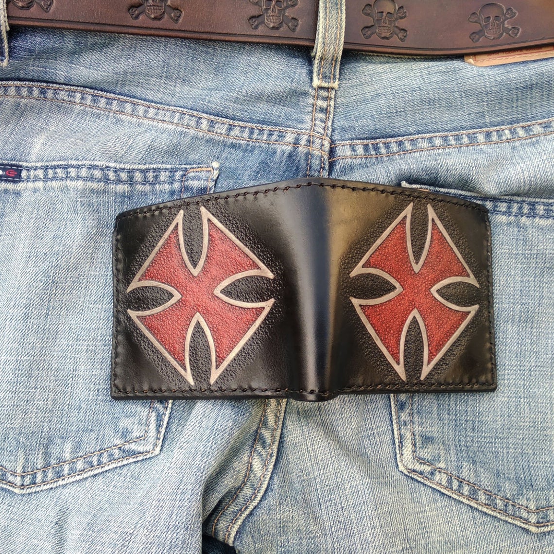 Handcrafted bifold wallet with iron cross
