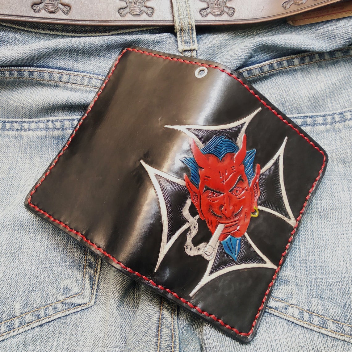 Handmade Leather Wallet Biker Style Engraved With Red Devil By Another Way of Life